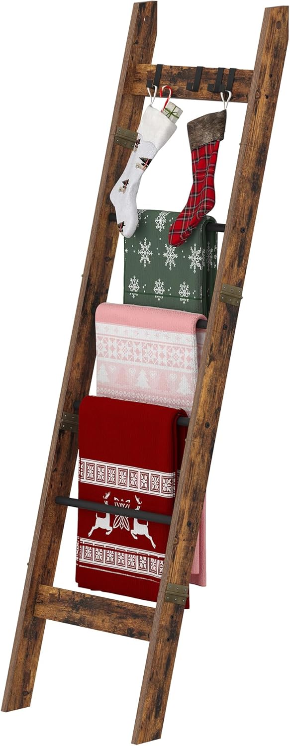 Blanket Ladder for Living Room, Decorative Quilt Rack with 4 Removable Hooks, 5-Tier Farmhouse Ladder Holder Shelf Organizer for Bedroom, Rustic Brown and Black BR31501B