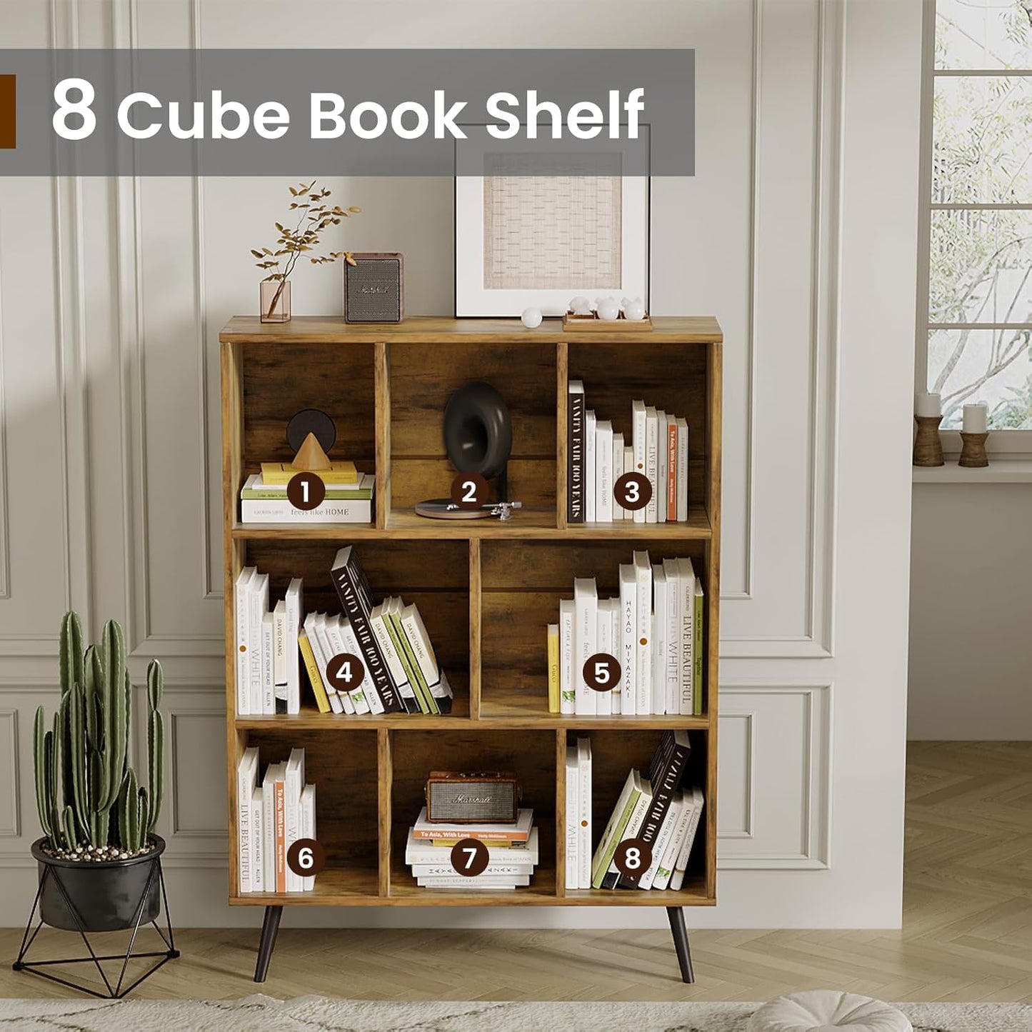 Bookshelf, 3-Tier 8 Cube Open Wooden Book Shelf with Legs, Floor Standing Office Bookcase, Wooden Bookcase for Office Furniture, Cubby Storage Organizer for Living Room/Bedroom