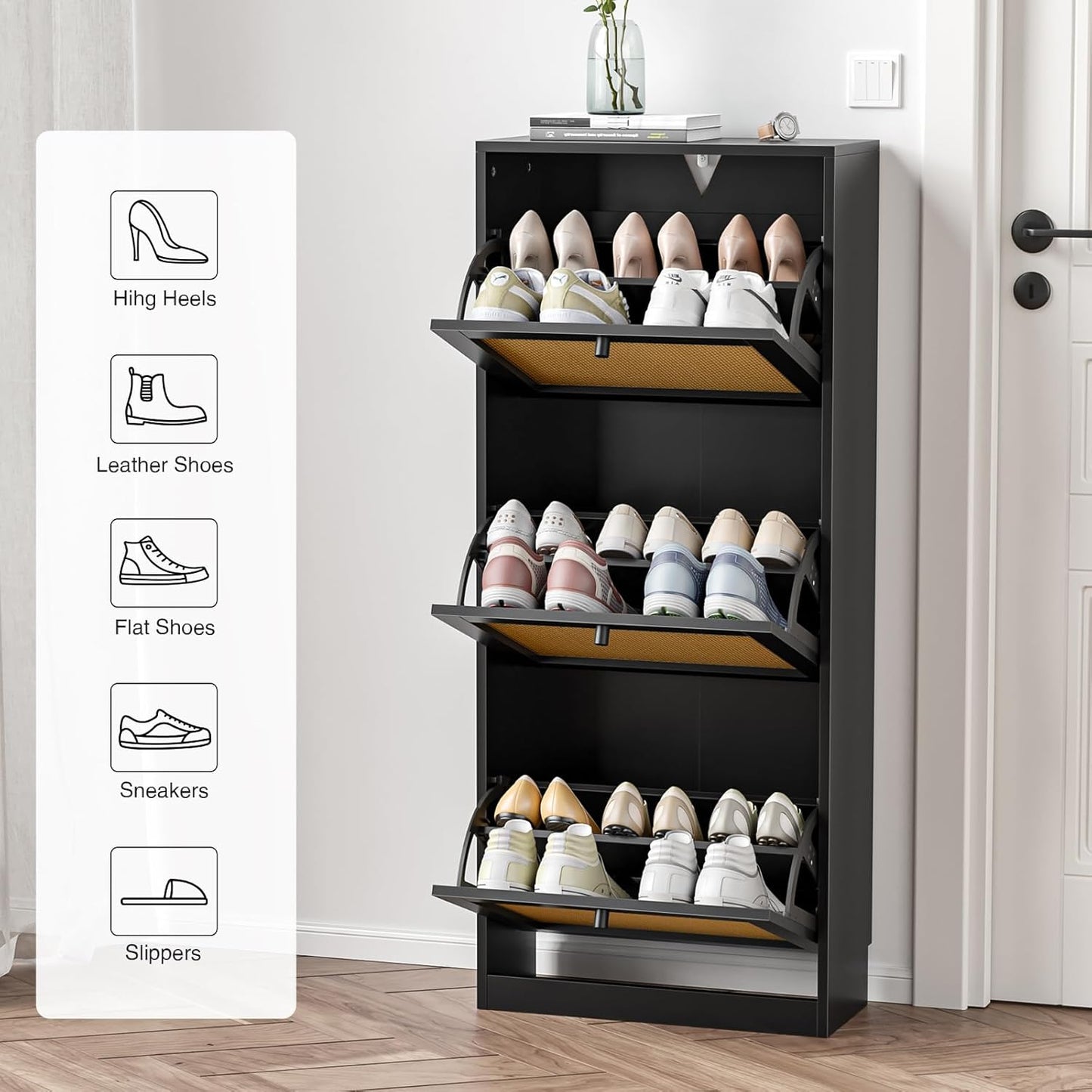 Rattan Shoe Cabinet 3-Tier, Narrow Shoe Cabinet with 3 Flip Drawers and Adjustable Shelves,Entryway Black Shoe Organizer with Removable Shelves for Hallway, Entrance