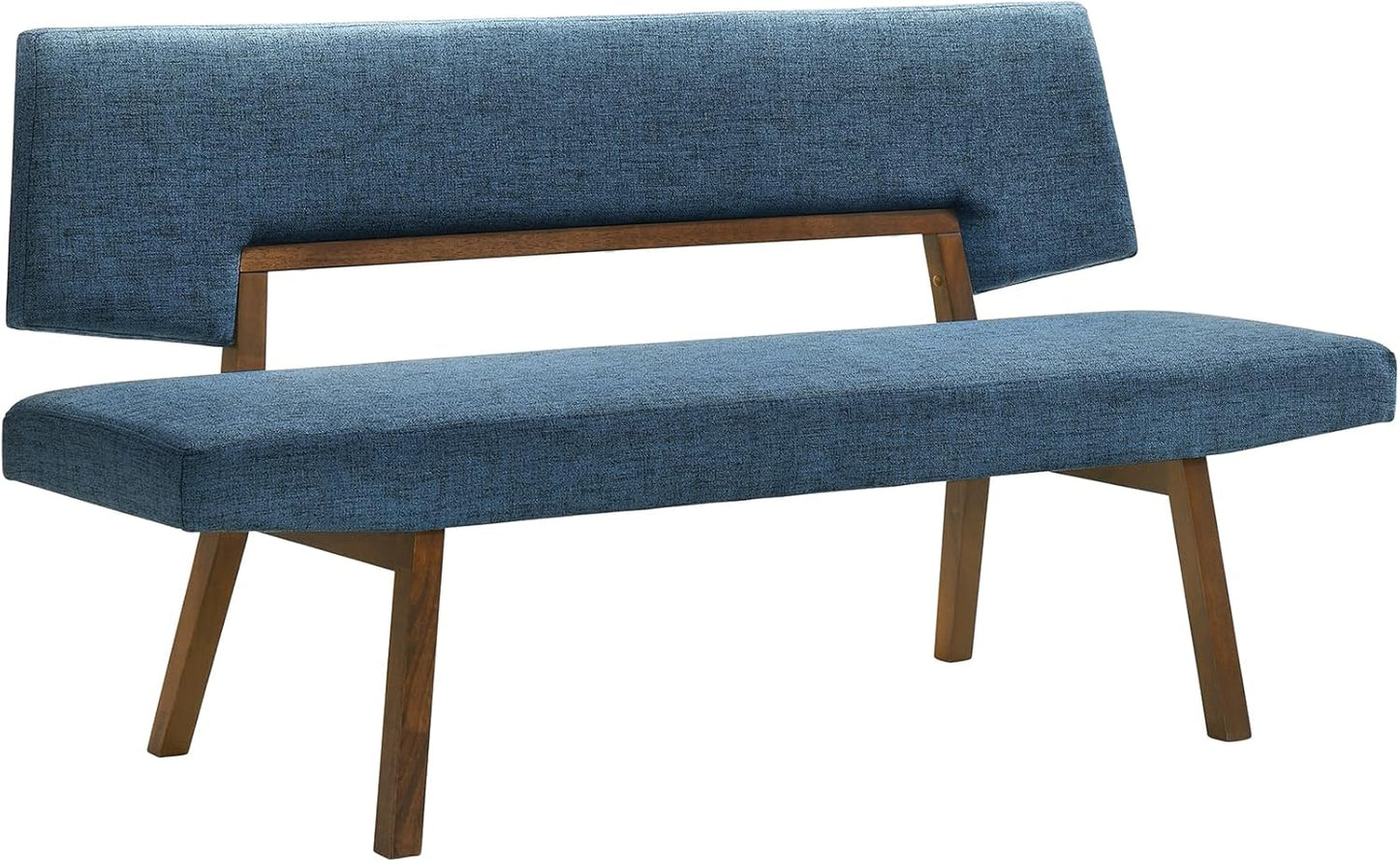 Armen Living Channell Mid Century Modern 5 Piece Walnut Wood Dining Table Set with Benches in Blue Fabric