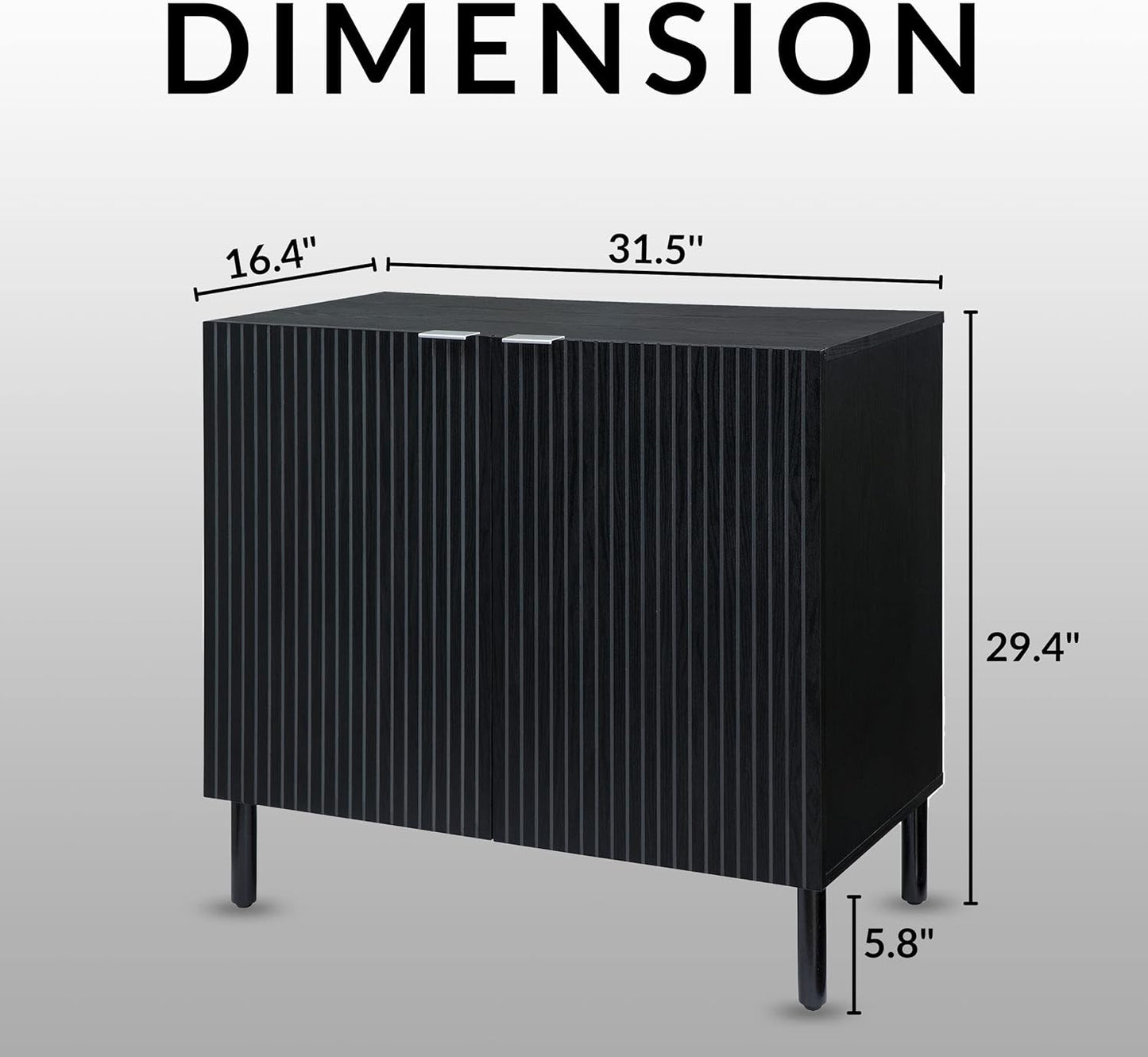 Sango Merk 2-Door Cabinet, Modern Black Storage Cabinet with Vertical Groove Doors, Adjustable Shelf, Cylindrical Wood Legs, Discreet Metal Finger Pulls, Stylish Furniture for Living or Dining Room