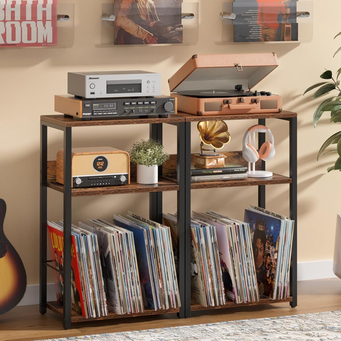 LELELINKY Record Player Stand, 3-Tier End Side Table with Vinyl Record Storage, Vinyl Record Holder Up to 120 Albums, Turntable Stand with Vinyls Storage for Music Living Room, Brown