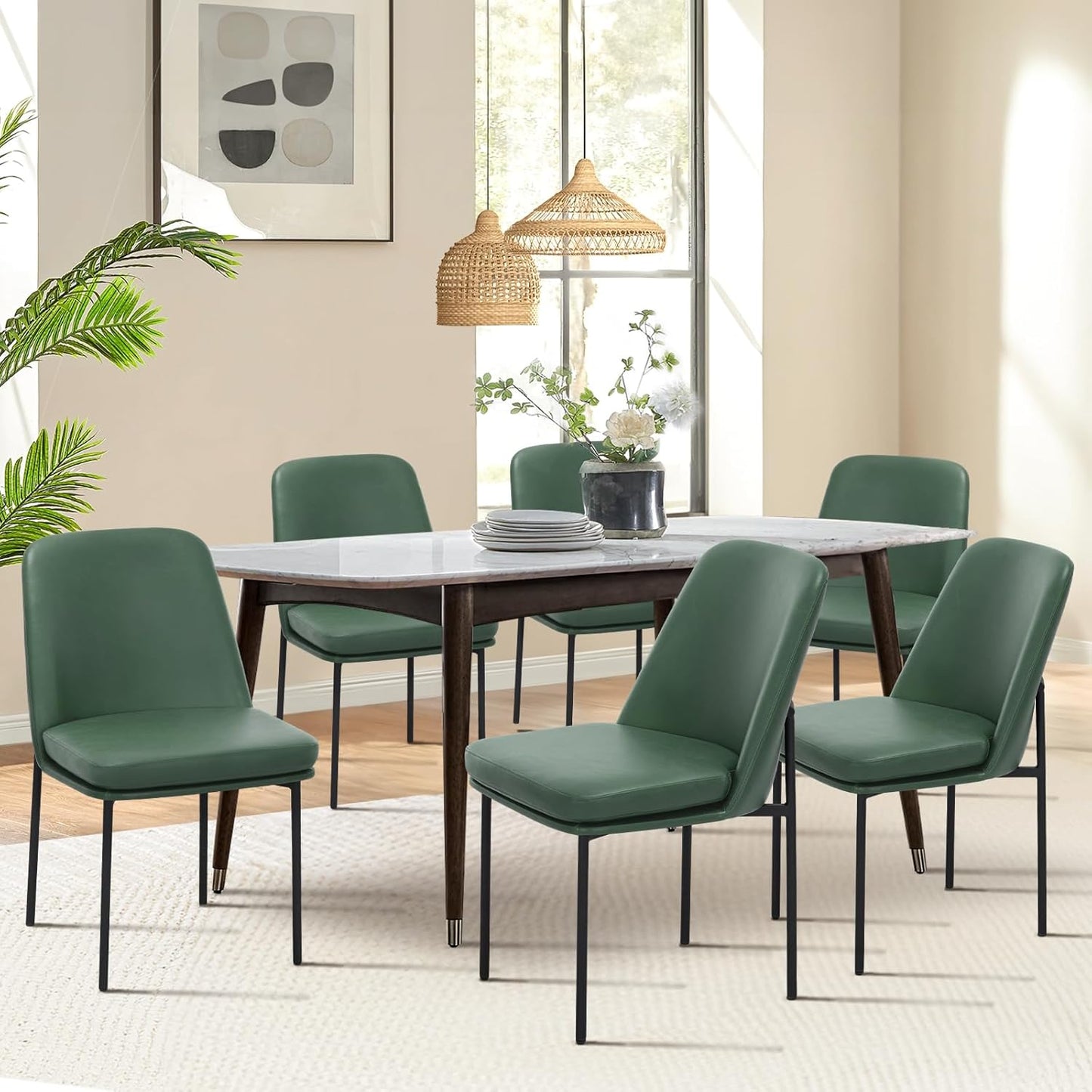 COLAMY Modern Dining Chairs Set of 6, Faux Leather Upholstered Dining Room Chairs Kitchen Chairs Dinner Chair with Curved Back and Metal Legs, Green