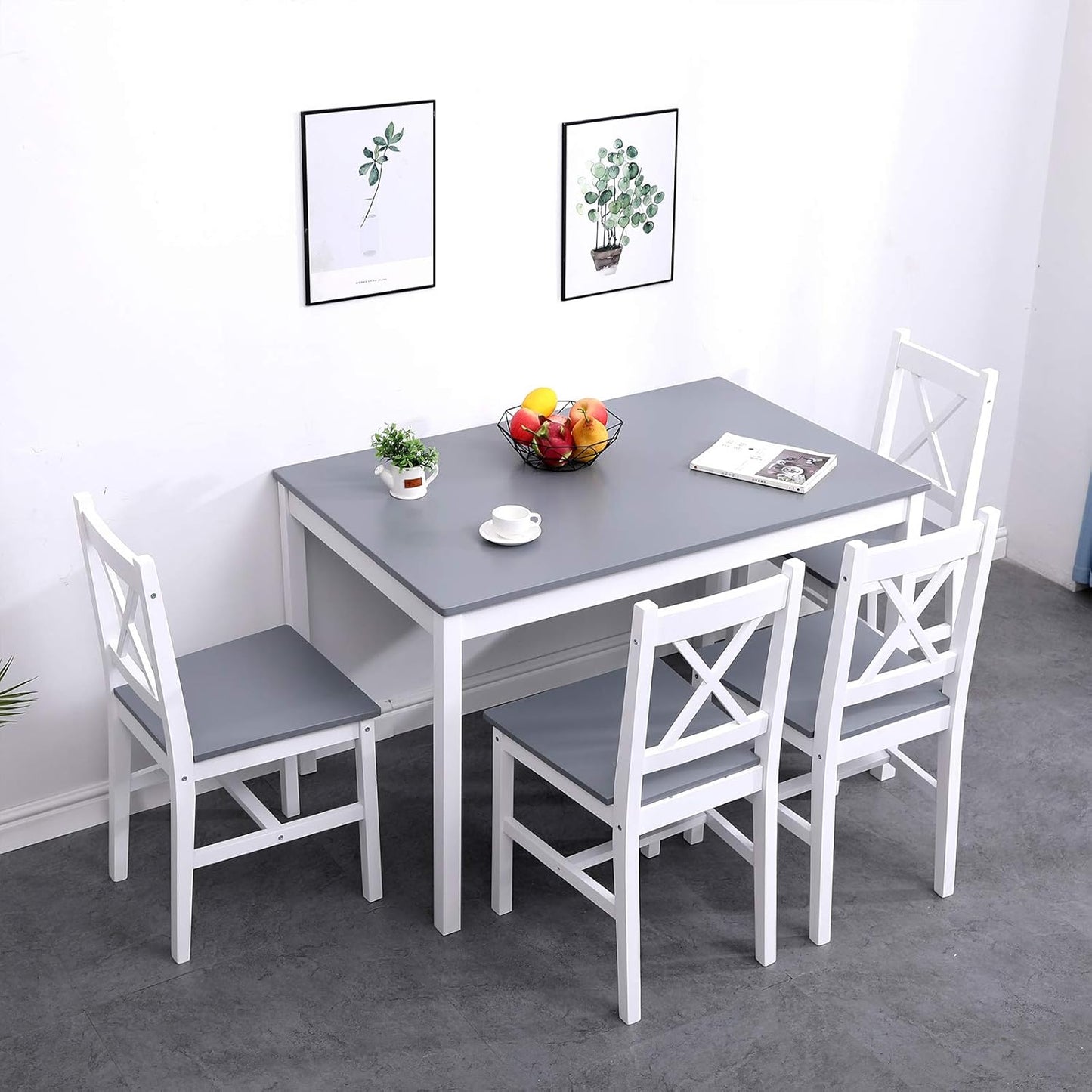 soges Dining Table Set for 4, 42.5 inch Pine Wood Dining Room Table with 4 Chairs, 5-Piece Kitchen Table Chairs Set for Small Space, Apartment, Dinette, Breakfast, White & Grey