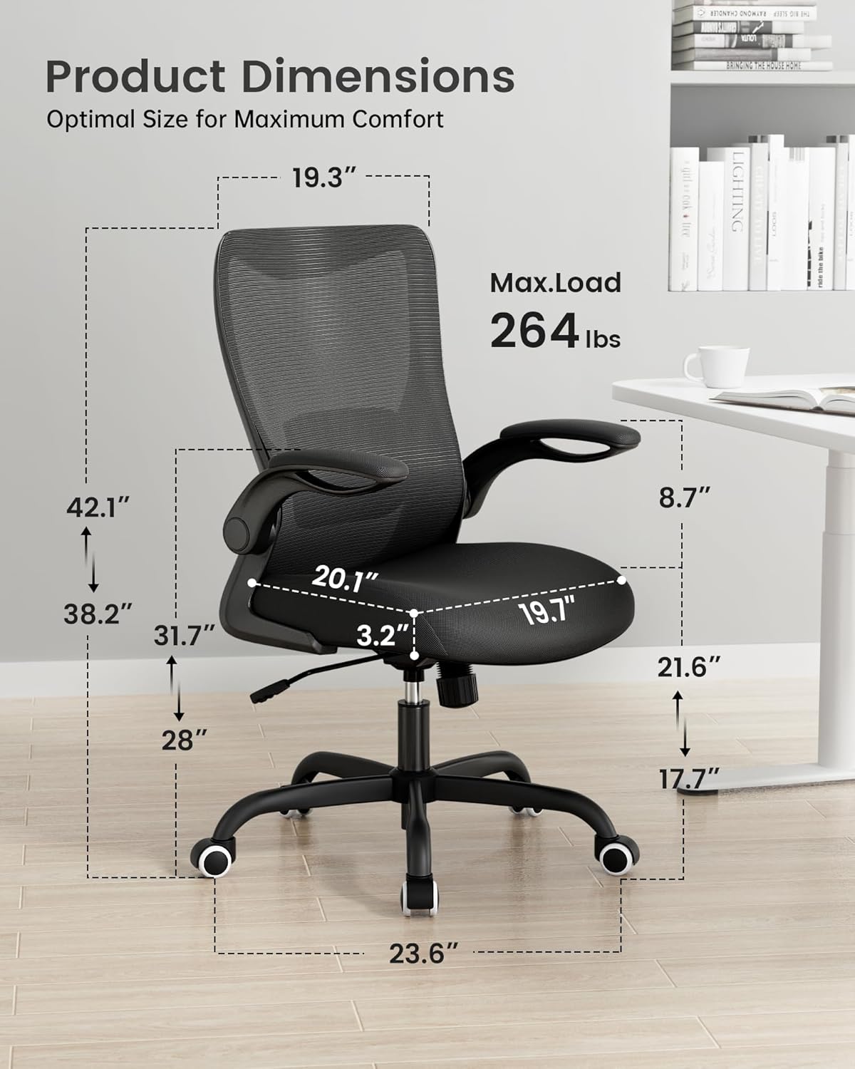 Office Chair, Ergonomic Desk Chair with Adjustable Lumbar Support and Flip up Armrest, Breathable Mesh Computer Chair for Home Office, Black