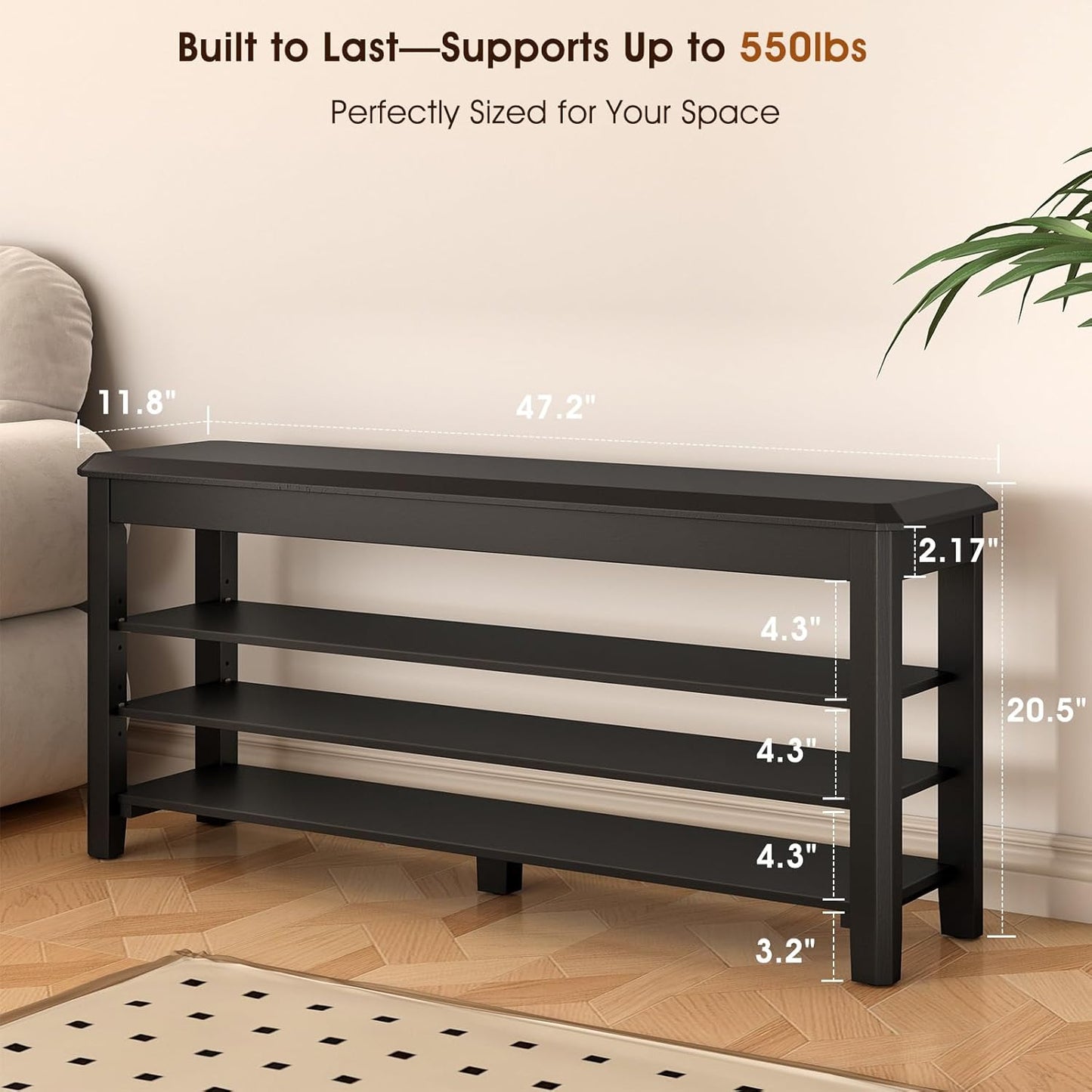 Shoe Rack Bench Seat Rubberwood 3-Tier Wooden Storage Bench 550lbs Compact Mid-Century Modern Design for Entryway, Hallway, Closet, Front Door Entrance, Foyer