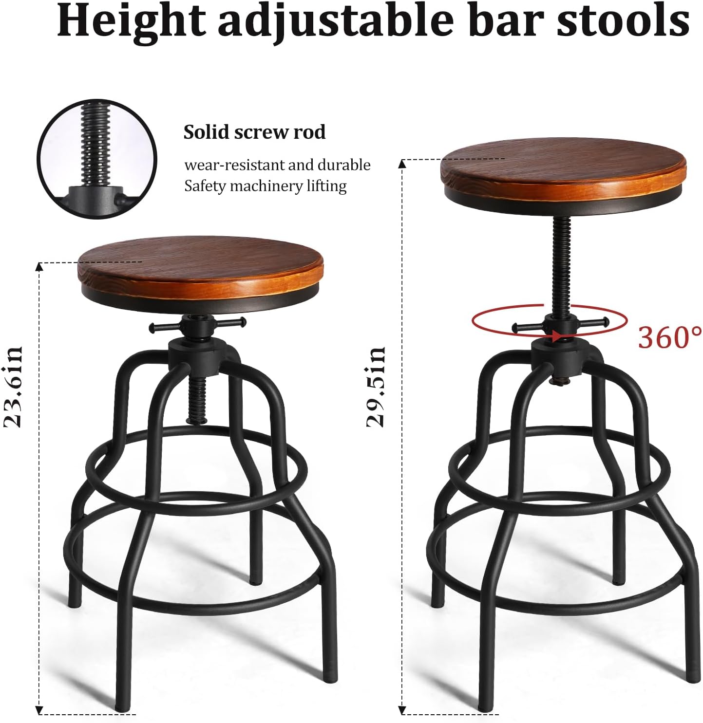 LOKKHAN Vintage Industrial Barstools - 13.8" Dia Round Wooden Brown Seat - Black Metal Base - Adjustable Height: 23.6"-29.5" / Minimalist Design/Raw Rustic Look/Rotating Top Bar Chairs, Set of 2