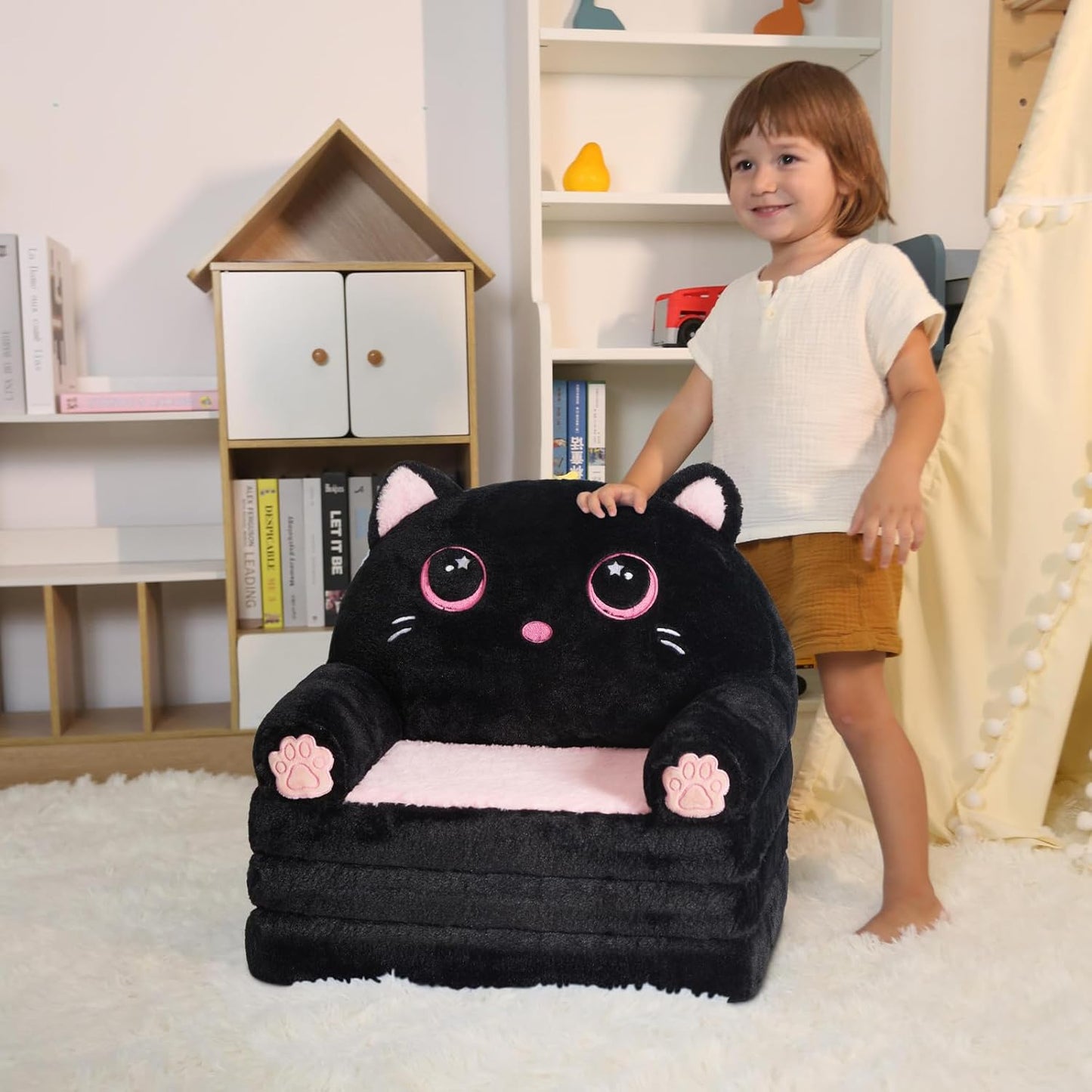 Kids Couch Fold Out, Velvet 2-in-1 Flip Open Couch for Toddlers, Comfy Toddler Chair for Reading and Napping, for Boys and Girls (Black & Pink Kitty)