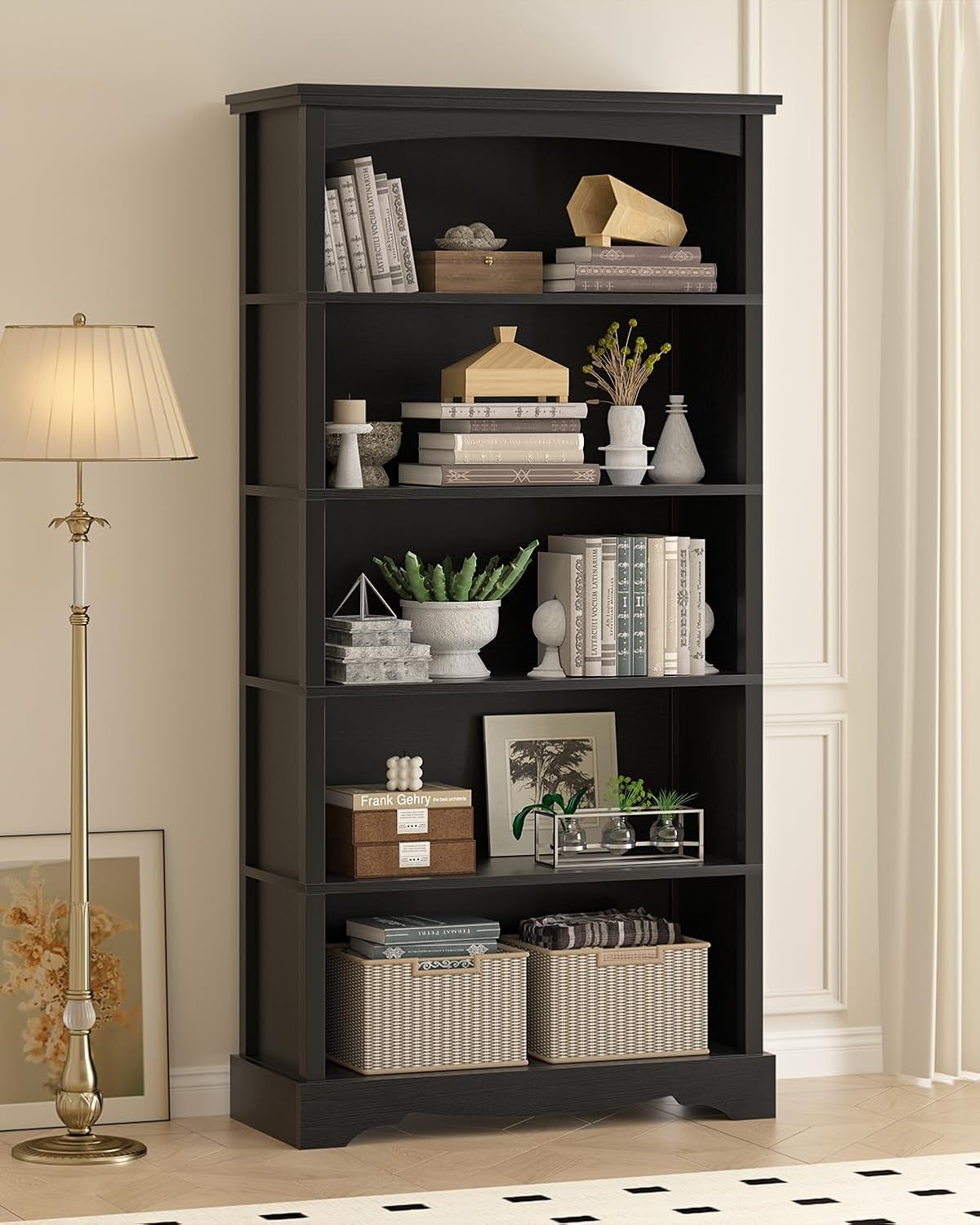 TVU 5 Tier Bookcase and Bookshelf, Wood 65 Inch Tall Bookshelf with Storage, Floor Standing Display Book Shelf for Living Room, Office, Study Room, Entryway, Black