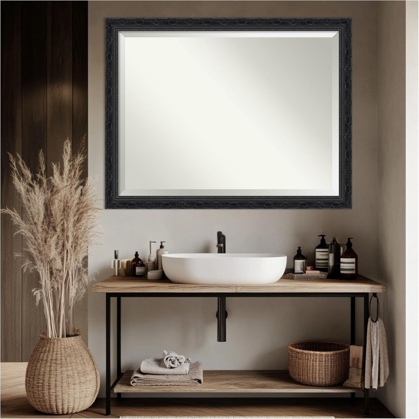 Amanti Art Bathroom Mirror for Over Sink, 35x45 Filigree Gloss Black Rectangle Vanity Mirror, X-Large Traditional Frame, Hangs Horizonally and Vertically, Bathroom Wall Decor, Beveled Edge