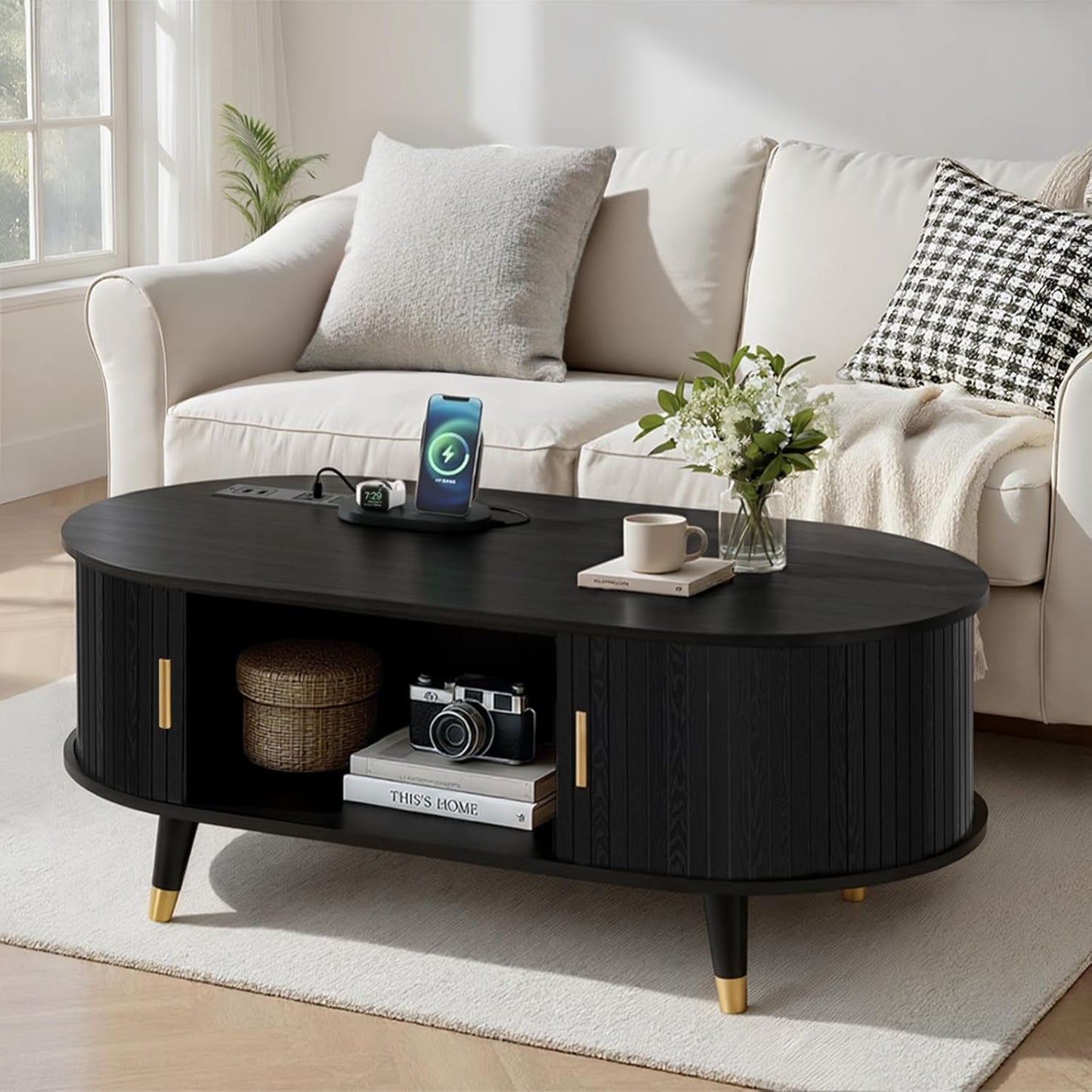 Mid-Century Fluted Oval Coffee Table with 360° Tambour Doors, Hidden Storage, Solid Wood Legs & 2 AC+2 USB Charging Station, Modern Coffee Table for Living Room, Apartment, Black