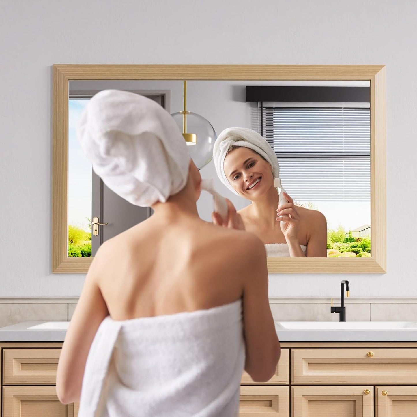 Amorho 48X30 Inch Bathroom Mirror for Wall, Oak Wood Grain Metal Framed Mirror, Anti-Rust, Hang Horizontally/Vertically, Suitable for Vanity, Bedroom, Farmhouse, Bathroom