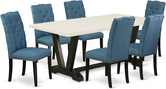 East West Furniture V627EL121-7 7 Piece Modern Dining Table Set Consist of a Rectangle Wooden Table with V-Legs and 6 Blue Linen Fabric Upholstered Chairs, 40x72 Inch, Multi-Color