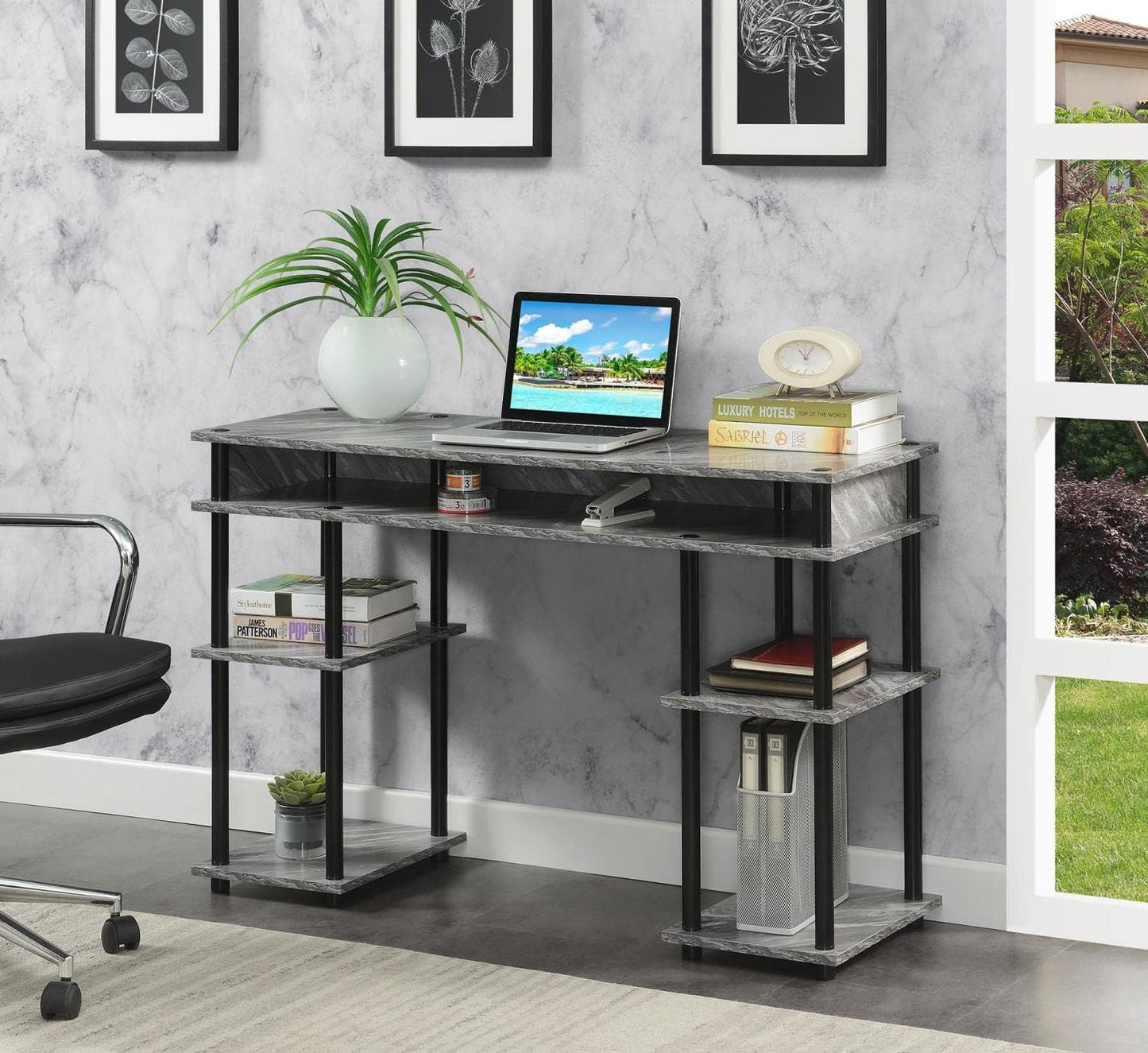 Convenience Concepts Designs2Go No Tools Desk Home Office Desk with Shelves, Corner Shelf Vanity Desk Computer Desk Nail Table for Nail Tech - 47.25" L x 15.75" W x 30" H, Gray Marble/Black