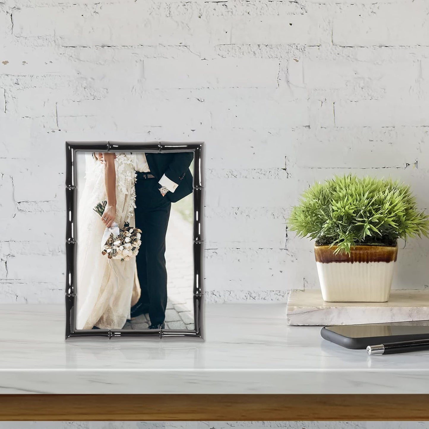 Lawrence Frames 4x6 Black Polished Metal Picture Frame with Bamboo Design