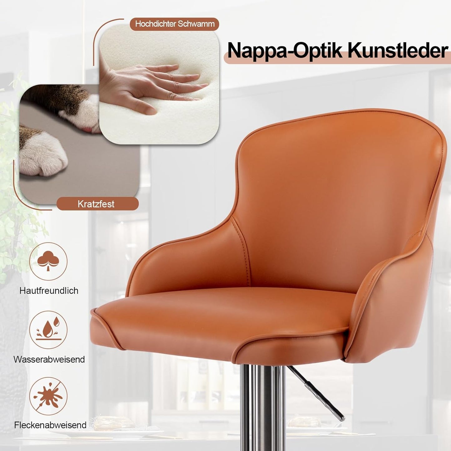 Black Titanium Stainless Steel Bar Stools,Grade Modern Leather Bar Chair with Backrest,Swivel Adjustable Height for Kitchen Counter and Dining Room (Brown Leather-1pc)