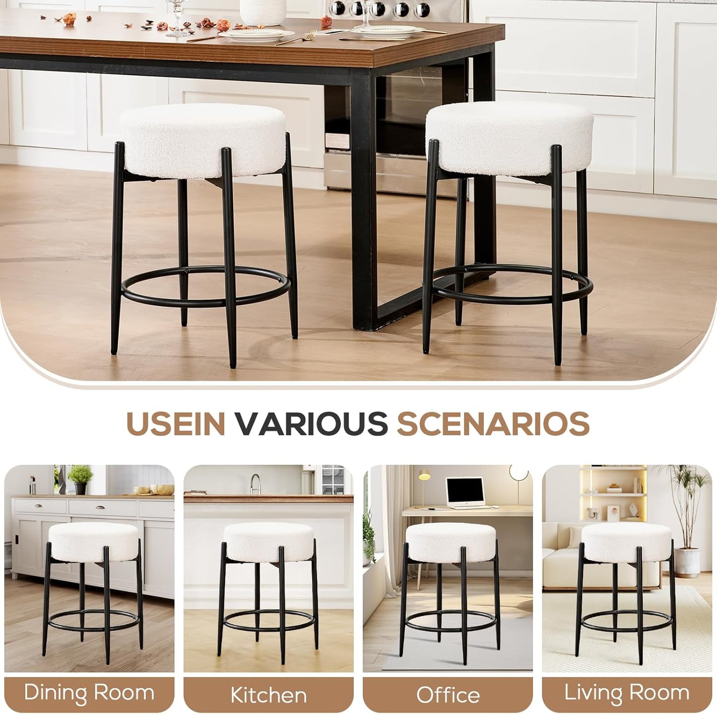 Dining Chairs Set of 2, 23.6" Backless Kitchen Living Room Chair，Mid Century Modern Chairs with Round Soft White Boucle Padded & Solid Metal Legs