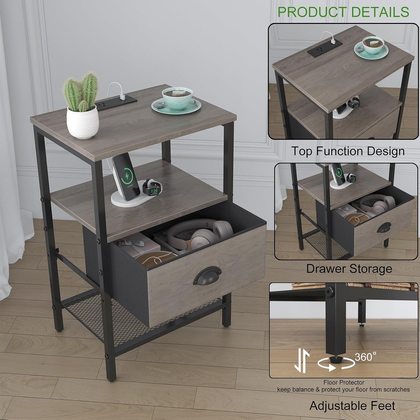 Nightstands Set of 2, Night Stands with Charging Station and Fabric Drawer, Grey Bedside Tables with Drawer, 2- Tier Side Table with Storage, Nightstands with Charging Station,Grey