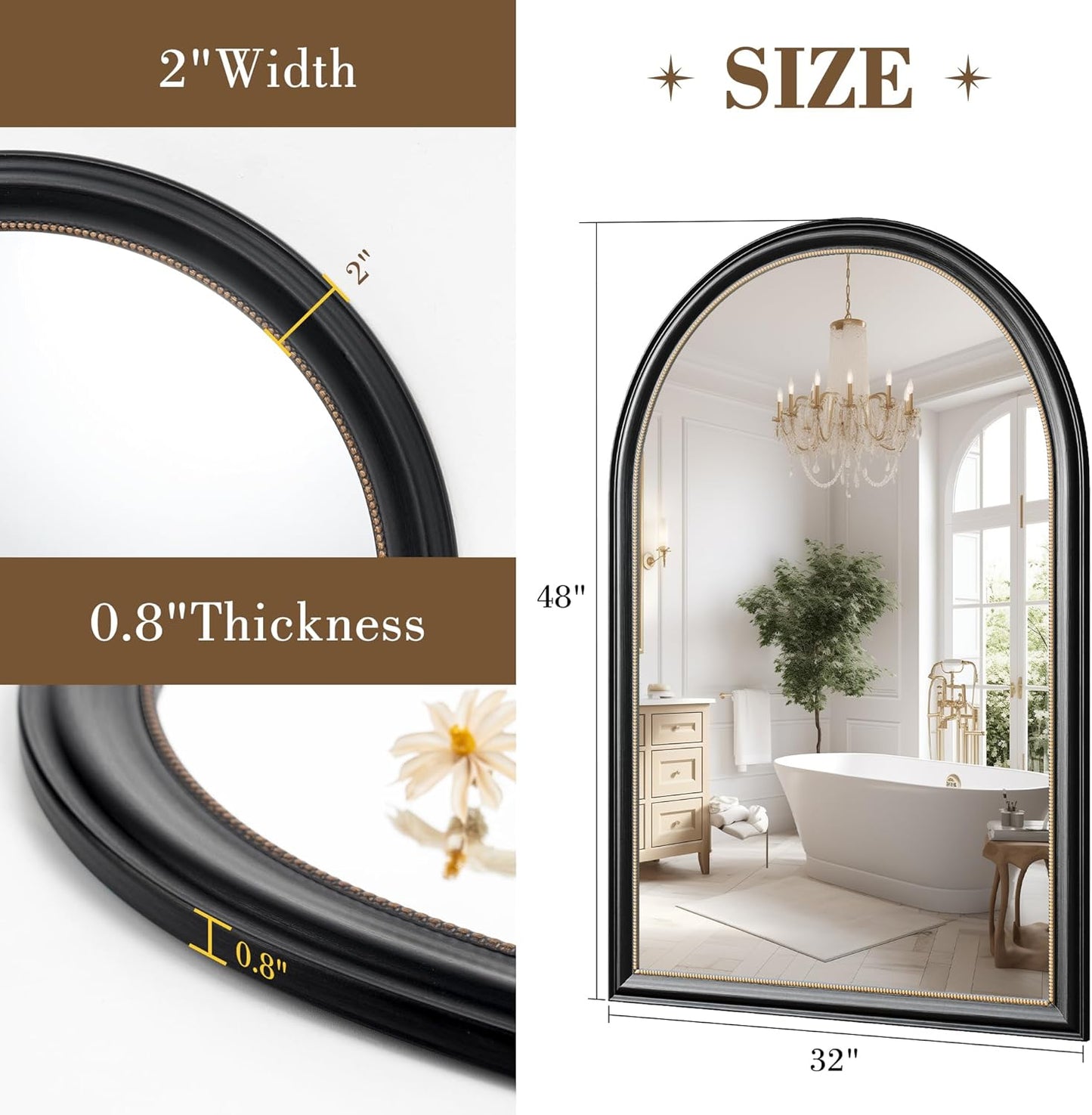 Axeman 32x48 Arched Wall Mirror, Decorative Bathroom Mirror, Traditional Vintage Wall Mounted Mirror with Beaded Frame for Accent Living Room Vanity Bedroom Entryway, Black