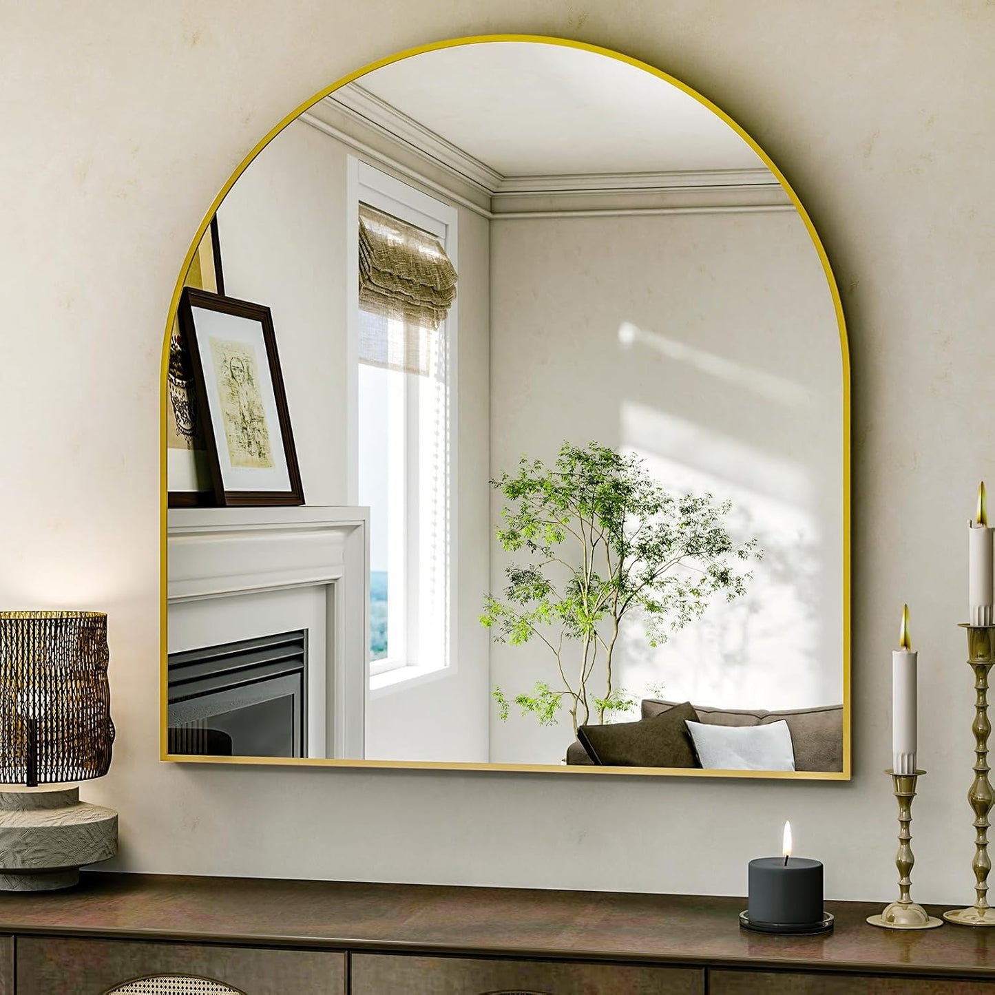 Arched Bathroom Mirror, 32x34 Inch - Wall Mounted Vanity Mirror with Aluminum Alloy Frame - Ideal for Living Room, Bedroom, Bathroom, and Entryway, Hanging or Leaning, Gold