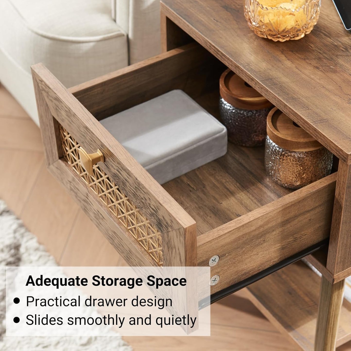 Boho Style Living Room Side Table, Wood End Table with Drawer and Shelf, Small Nightstand for Bedroom, Rustic Oak