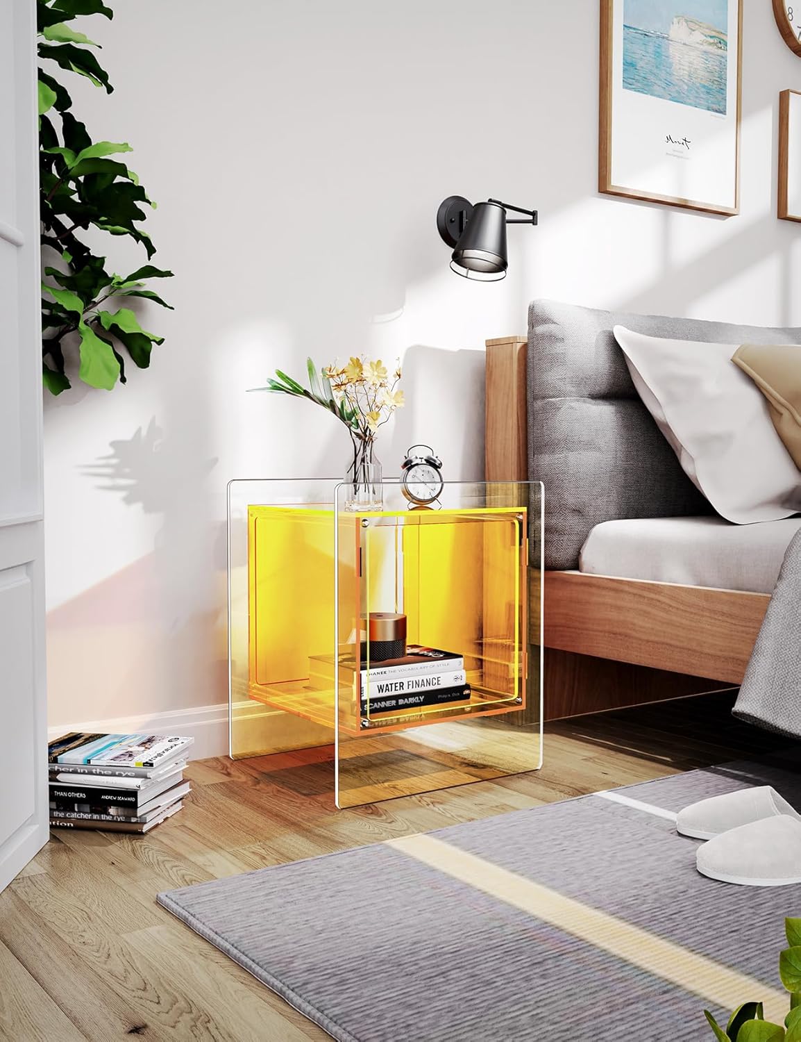Acrylic Nightstand Colorful Bedside Table with Open Storage Shelf,Clear Side Table for Living Room (1, Yellow)