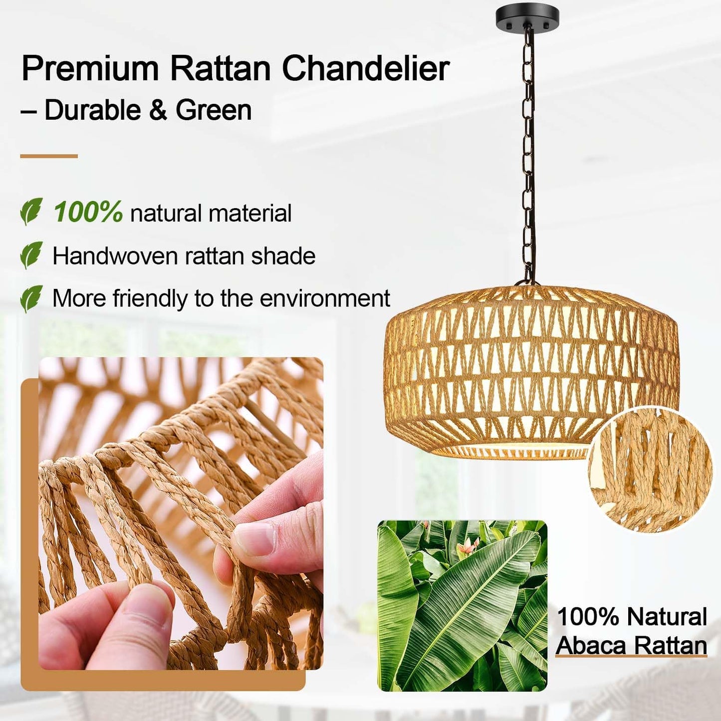 Farmhouse Chandelier Light Fixture, 5-Light Rattan Boho Chandeliers for Dining Room, Hand Woven Pendant Light with Linen Shade, Rustic Hanging Lighting for Kitchen Island, Bedroom (Bulb Not Included)