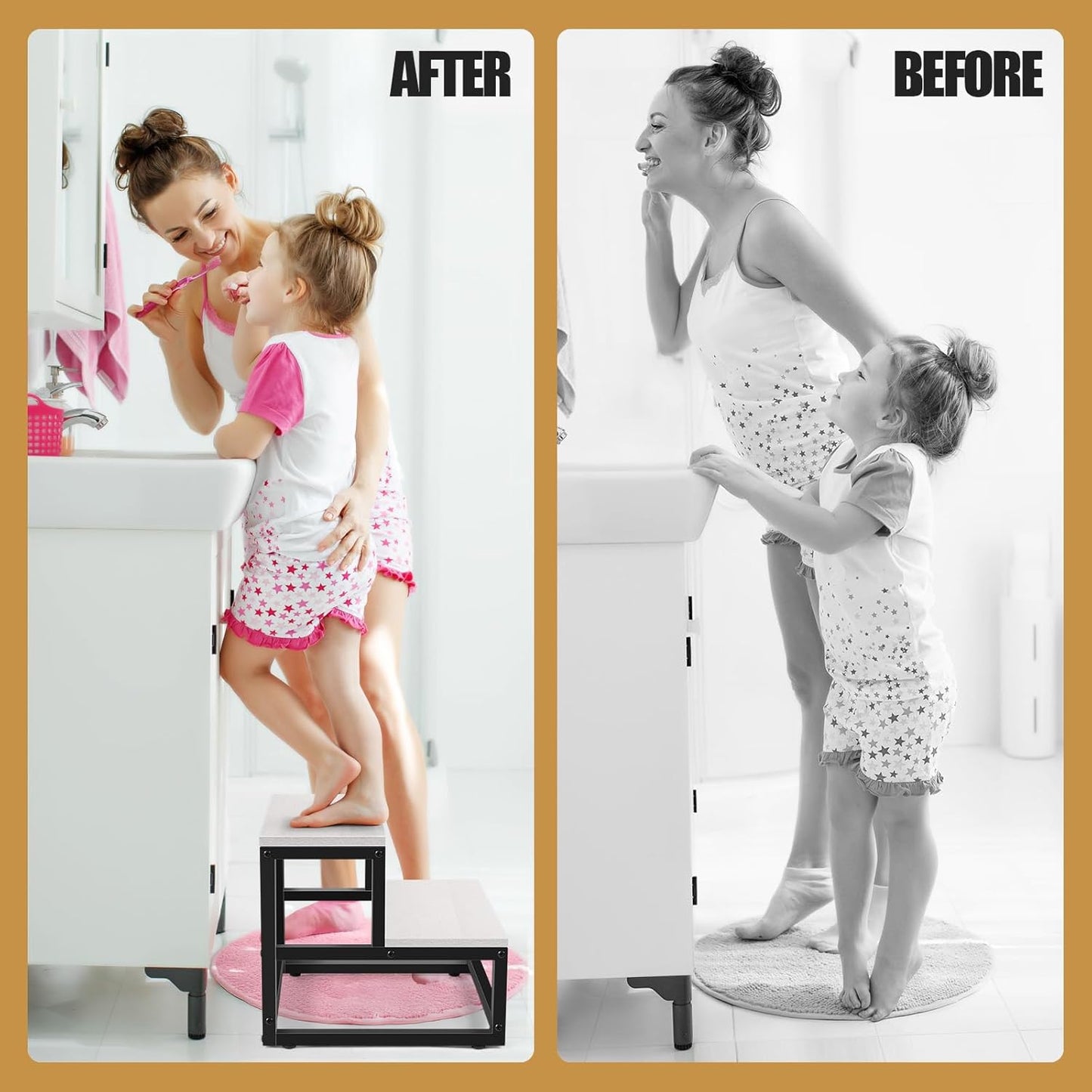 Wood and Metal 2 Step Stool for Adults & Kids – Heavy Duty Rustic Step Stools, 500 Lbs Capacity Non-Slip Stepping Stool for High Beds, Kitchen, Bathroom, Closet, Durable Foot Stool for Home Use,White