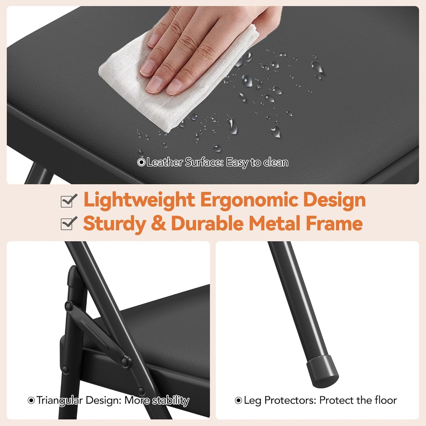 GarveeHome 4 Pack Folding Chairs with PU Leather Padded Cushion and Back, Metal Foldable Chair for Indoor Outdoor, Commercial Stackable Guest Chairs for Camping, Dining Room, Office, Party, Black