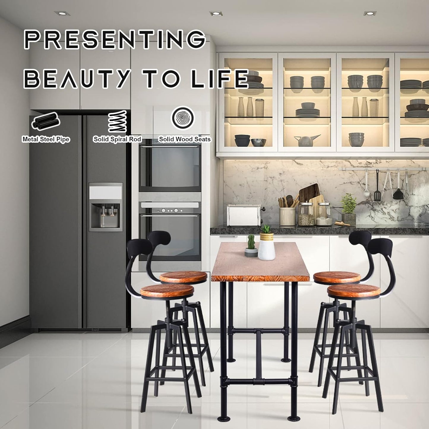 Diwhy Industrial Bar Stools,Kitchen Dining Chair,Wood Top Stool,Adjustable Height Swivel Counter Height Bar Chair with Metal Backrest,Black,Fully Welded Set of 2 (Brown Wooden Top with Iron Backrest)