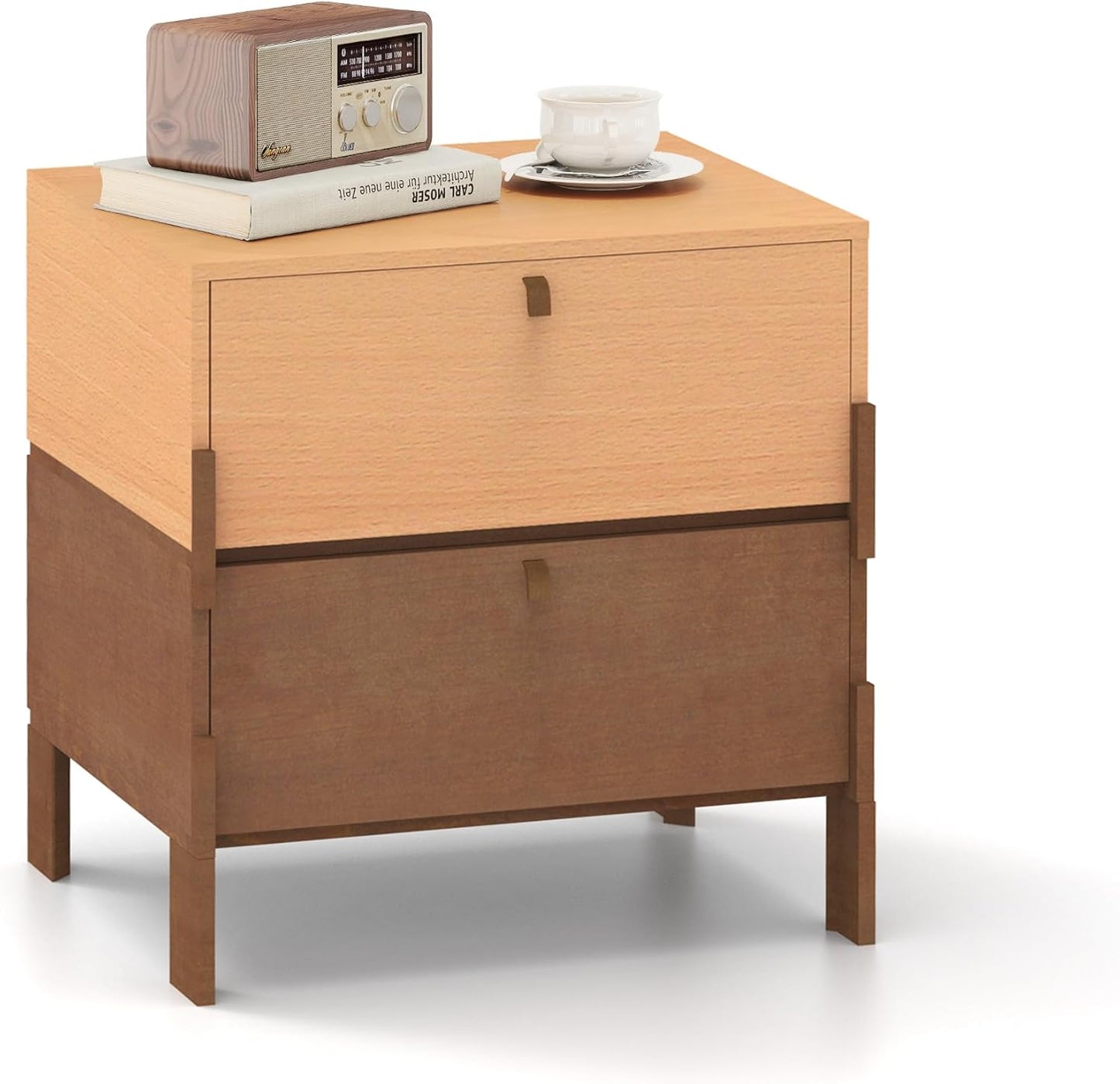 Sebastack Night Stand, Customizable 2 Drawers Bedside Table, End Table, Side Table for Bedroom, Dormitory, Mid-Century Style Wood Chest of Furnitures, Beech and Walnut Color Combo