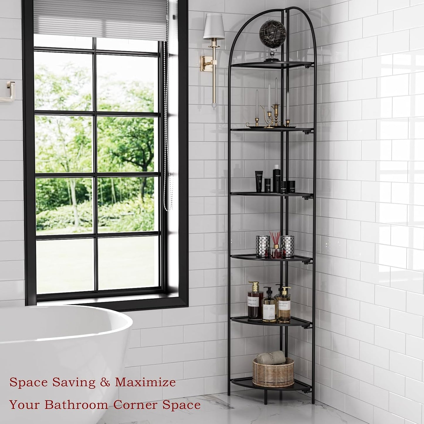 Crofy Foldable 6 Tier Corner Shelf, Metal Corner Plant Stand with Black Frame and Black Shelves, Corner Display Rack Multipurpose Shelving Unit for Living Room, Bedroom, Bathroom