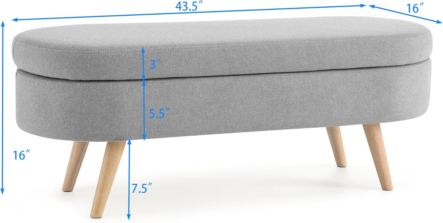 Ottoman Oval Storage Bench with Rubber Wood Legs,Linen Fabric Storage Footstool,for Bedroom, Entryway, Living Room, Grey(43.5"x16"x16")