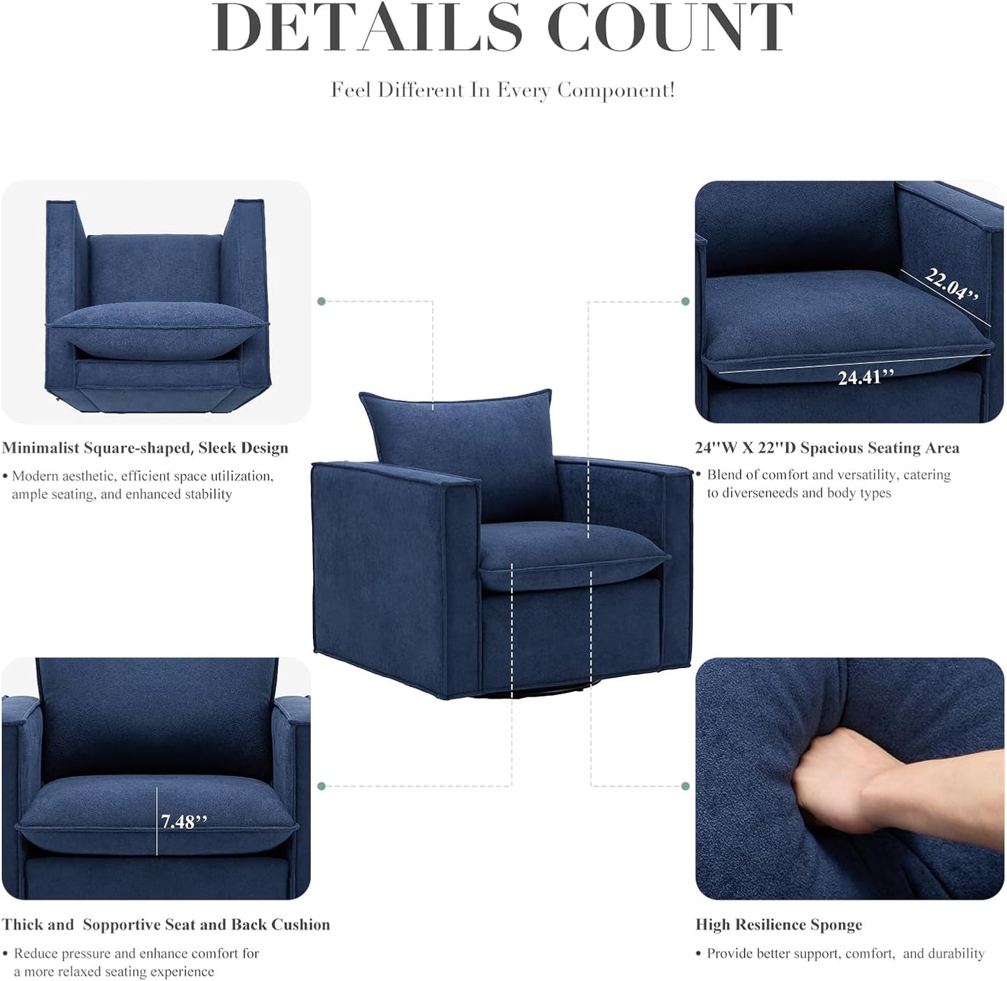 Swivel Accent Chair Set of 2, 34 Inches Wide Upholstered Arm Chair with Plump Back Pillow, Modern Sofa Living Room Chair for Bedroom, Corner, Reading Nook-Blue