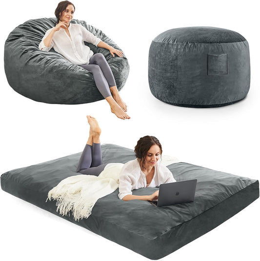 Bean Bag Chairs for Adults - Giant Bean Bag Chair Convertible Bean Bag Bed - Beanbag Chair with Micro Fiber Cover/Furniture Foam Filler - Floor Couch Sofa in Bedroom Dorm Room - Full Charcoal