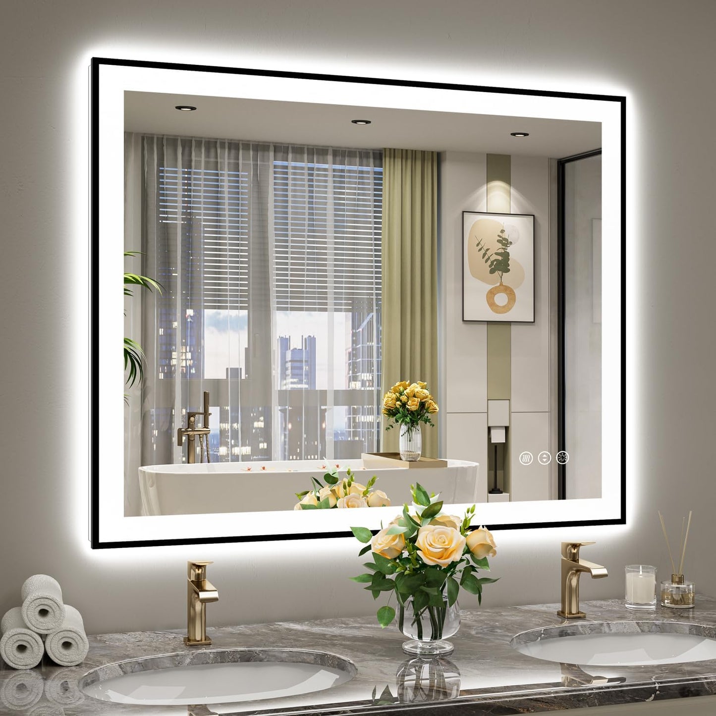44x36 Inch LED Bathroom Mirror with Lights (Front Lit and Backlit) Black Framed Lighted Vanity Mirror for Bathroom Wall Dimmable Anti-Fog Memory Tempered Glass Horizontal/Vertical
