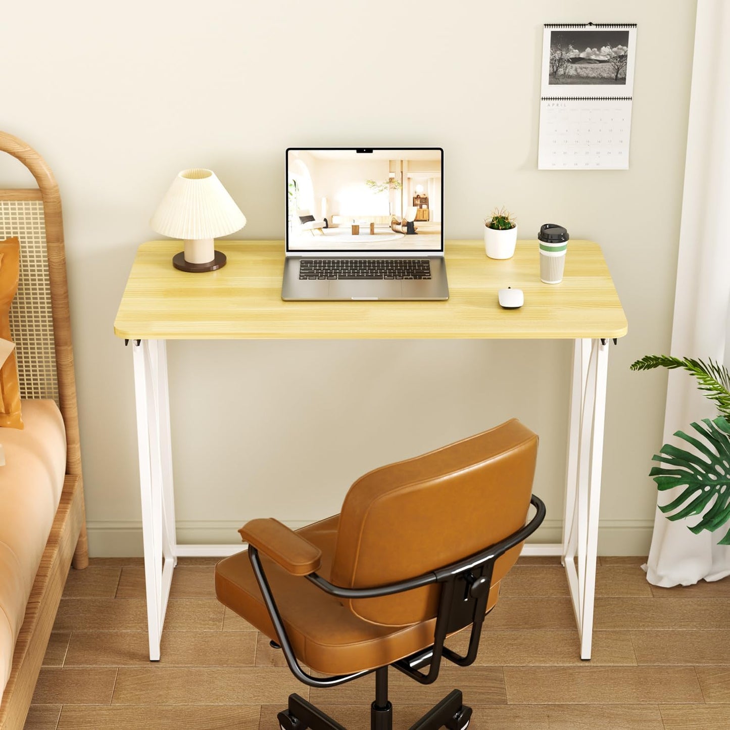 Mini Desk, 31.5" Small Desk for Bedroom, Foldable Desks for Small Spaces & Home Office, Easy Assembly, Beige Floor Patten