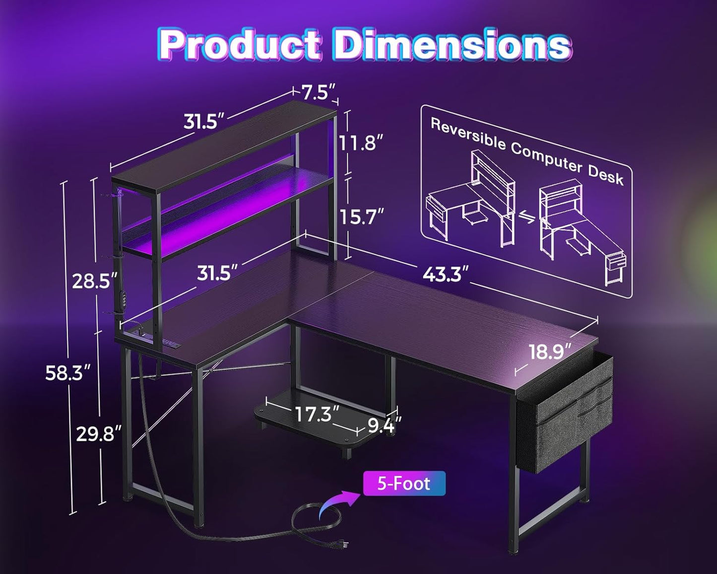 AODK L Shaped Desk Gaming Desk with LED Light & Power Outlet, 43 Inch Reversible L Shaped Computer Table with Shelf, Corner Desk with Storage Bag&Hook for Home Office Desk, Black