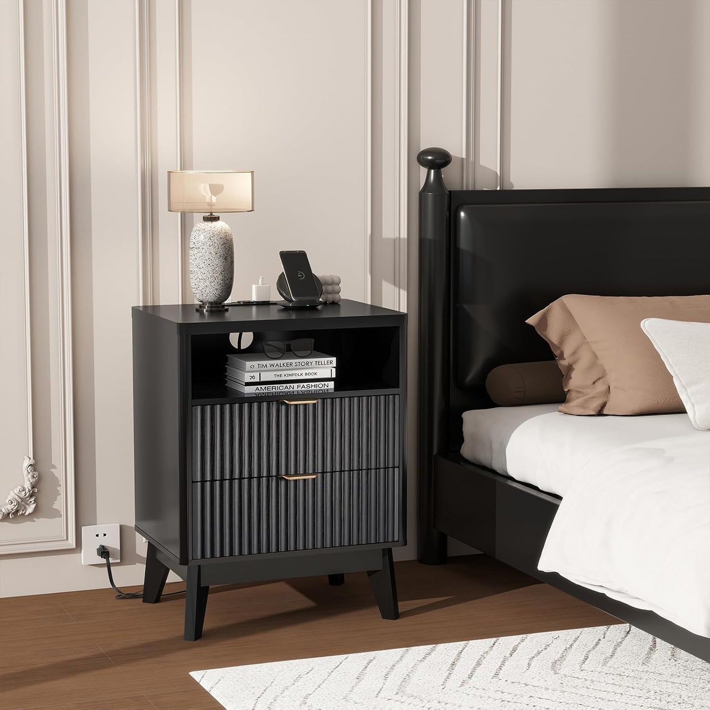 Fluted Nightstand Set of 2 with Charging Station, 19.7 inch Wide End Table with 2 Drawers, Modern Wood Bedside Table for Bedroom, Black