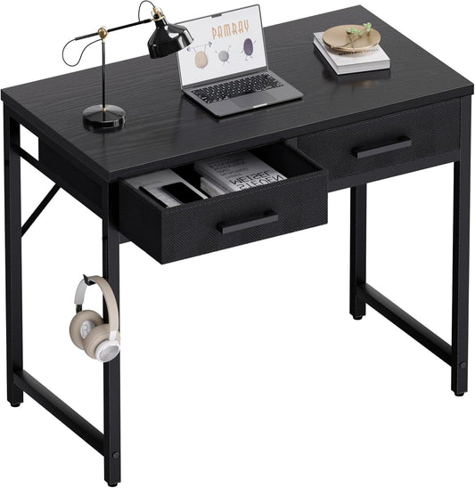 Pamray 32 Inch Small Computer Desk with 2 Drawers for Bedroom Study Writing Home Office Table for Small Spaces Black
