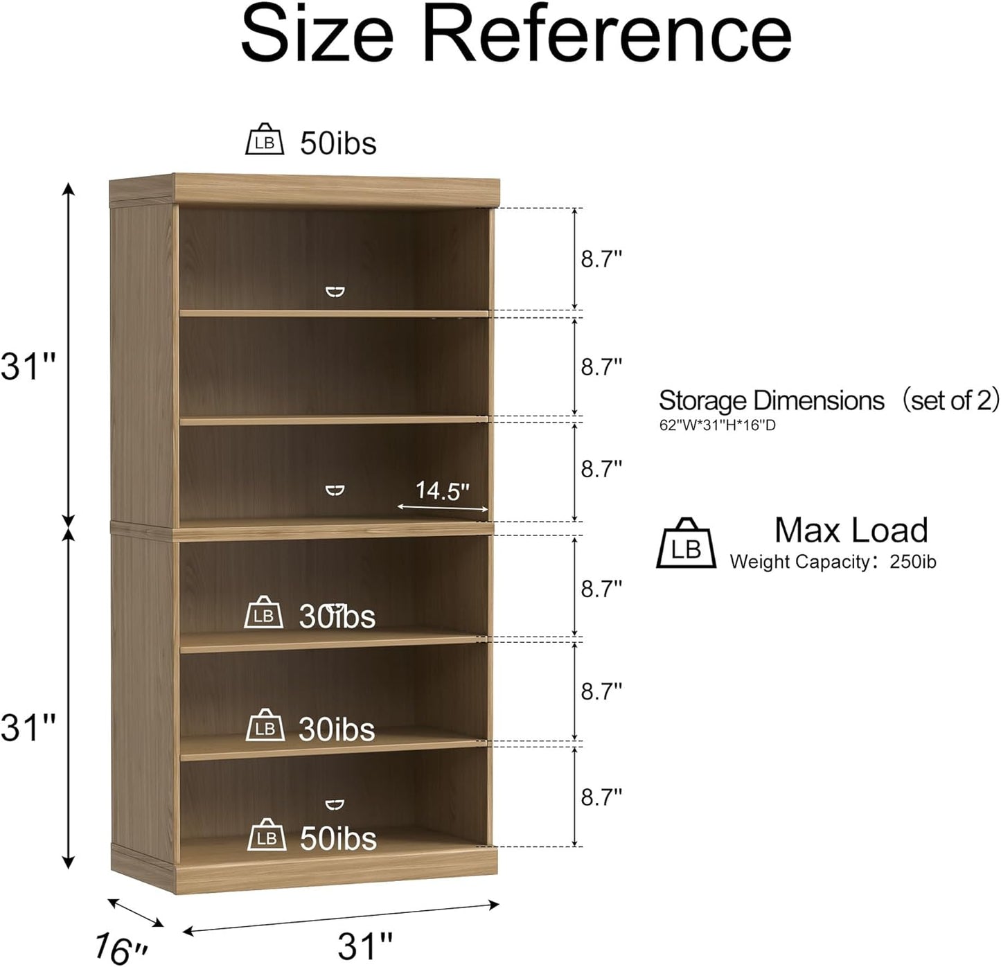 62" Wooden Book Shelf, 5 Shelf Bookcase, Modern Bookshelf with Adjustable Shelf for Home Office, Study Room, Oak