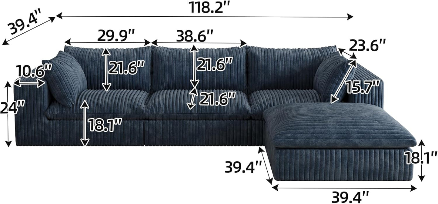118.2" L Shaped Modular Sectional Cloud Couch with Ottoman, Plush Corduroy Upholstered Compression Sofa, 4-Seat Deep Seat Boneless Sofa Couches with Throw Pillow
