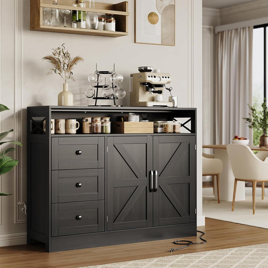 47" Farmhouse Sideboard Buffet Cabinet with Storage & Built-in Power Outlet,Coffee Bar Table Kitchen Buffet Cabinet with 3 Drawers and Barn Doors, Adjustable Shelves for Living Room Dining Room Black