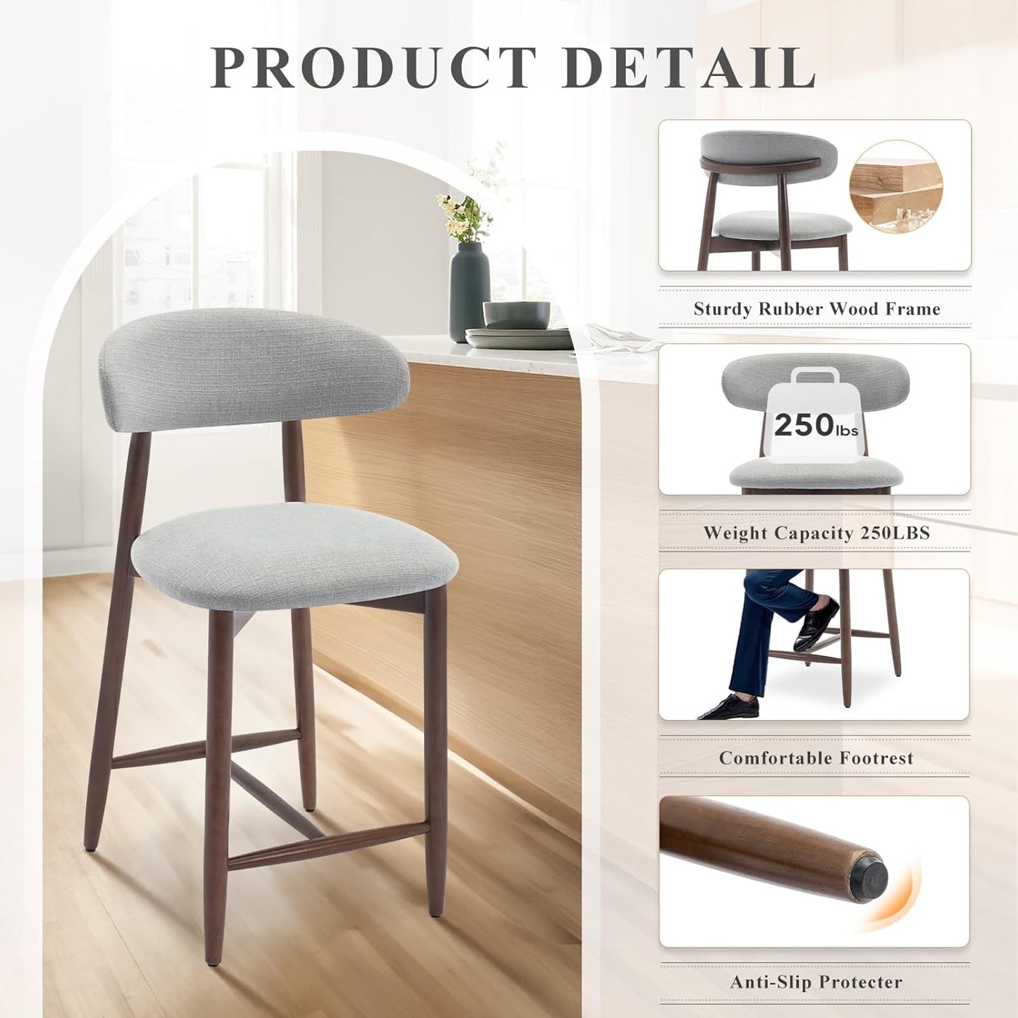 COLAMY Bar Stools Set of 6, Counter Height Bar Stools, Wood Bar Stools with Back, Upholstered Wooden Barstools for Island Dining Room Bar, Light Grey