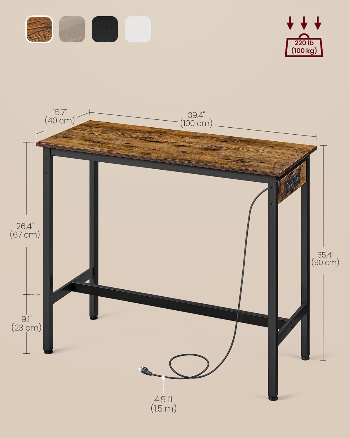 VASAGLE Bar Table, Narrow Long Kitchen Dining Table with Charging Station, Sturdy Metal Frame, Industrial, 15.7 x 39.4 x 35.4 Inches, Rustic Brown and Ink Black ULBT101K01