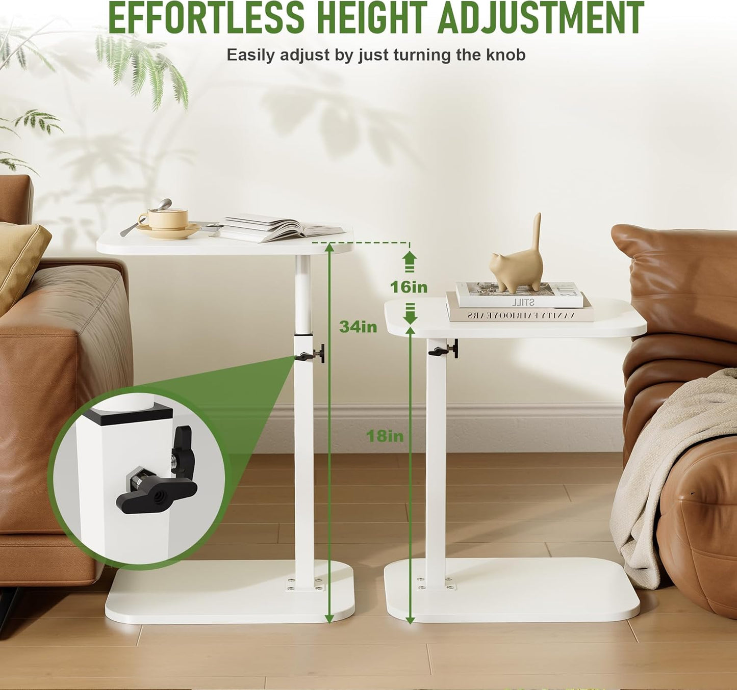 C Shaped End Table for Couch, Adjustable Height Couch Side Table, Horizontal 360°Swivel Small TV Tray Table Couch Side Tables That Slide Under (White)