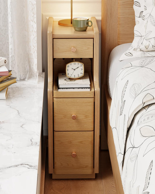Narrow Nightstand with 3 Drawers,Solid Wood Small Nightstand Natural, Modern Small Bedside Tables for Bedroom(Fully Assembly)