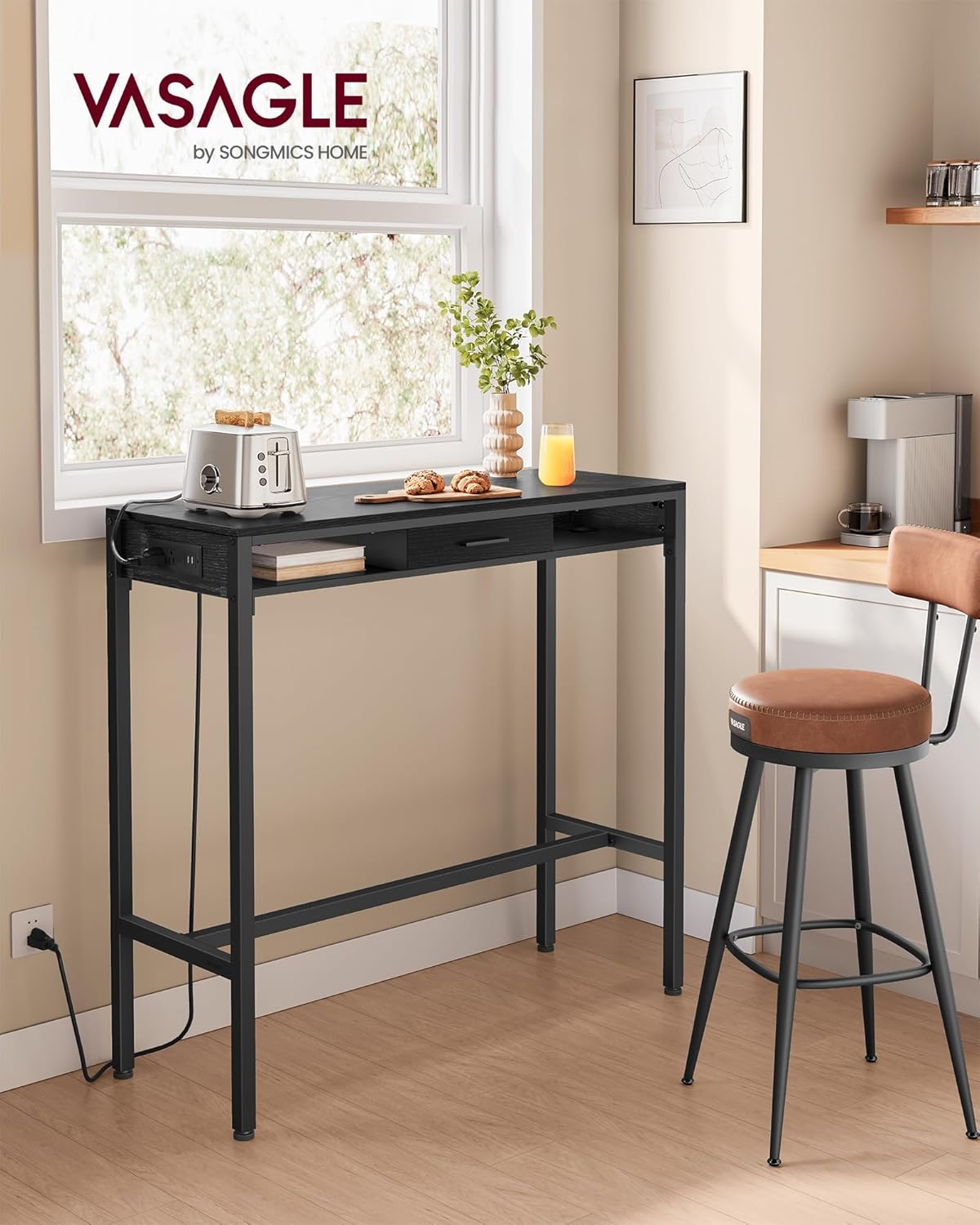 VASAGLE Bar Table with Power Outlets, 39.4 Inches Long Bar Height Pub Table, Rectangular High Top, with Movable Drawer, 2 Hooks, Narrow Storage for Kitchen, Dining, Entryway, Ebony Black