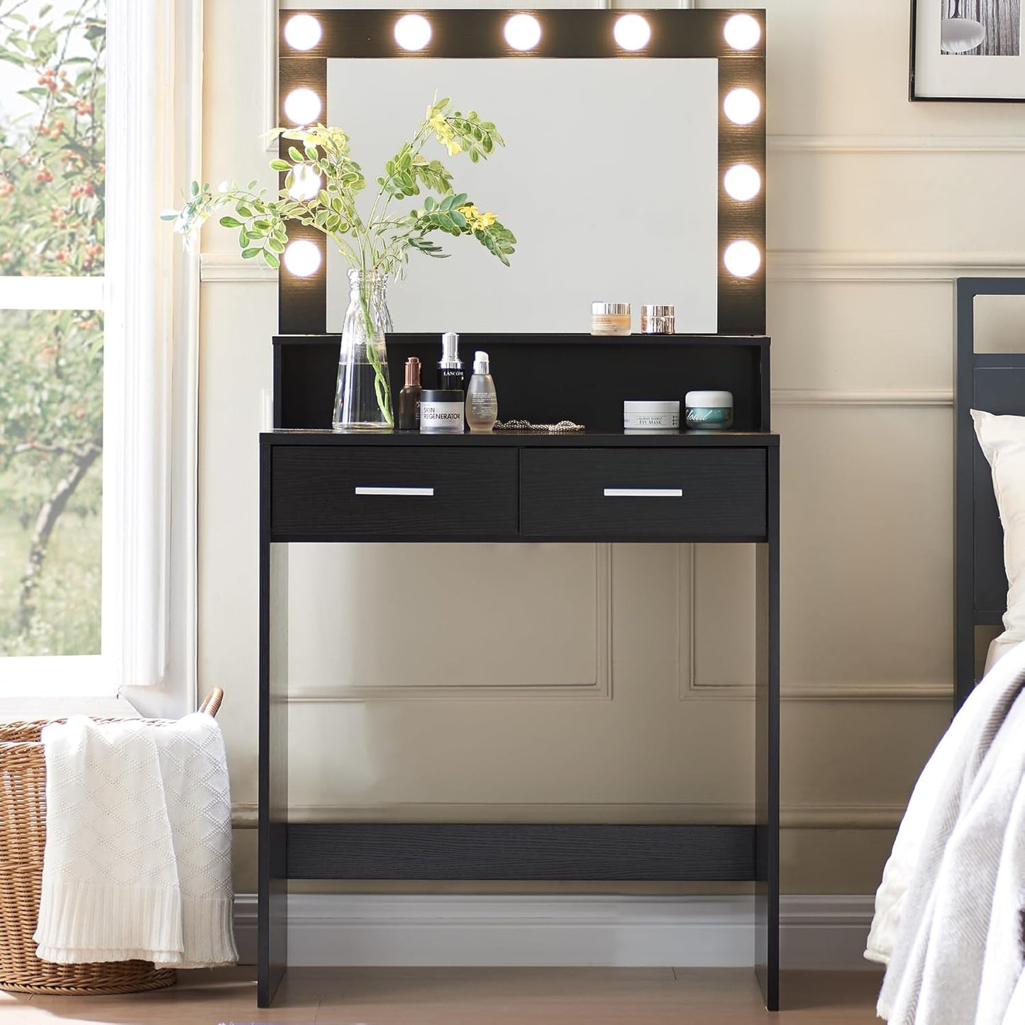 Vanity Desk with Mirror and Lights, Dressing Table with Large Drawer, 2 Level Storage Dresser & 3 Lighting Modes Adjustable Brightness, Suitable for Bedroom