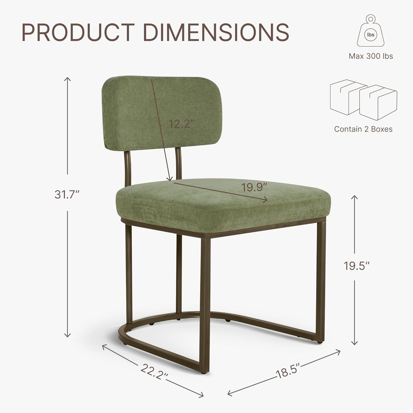 Dining Chairs Set of 4, Upholstered Modern Kitchen Chairs with Ergonomic Backrest, Fabric Cushion Seat & Metal Legs for Living Room, Restaurant, and Café, Green, 2Boxs